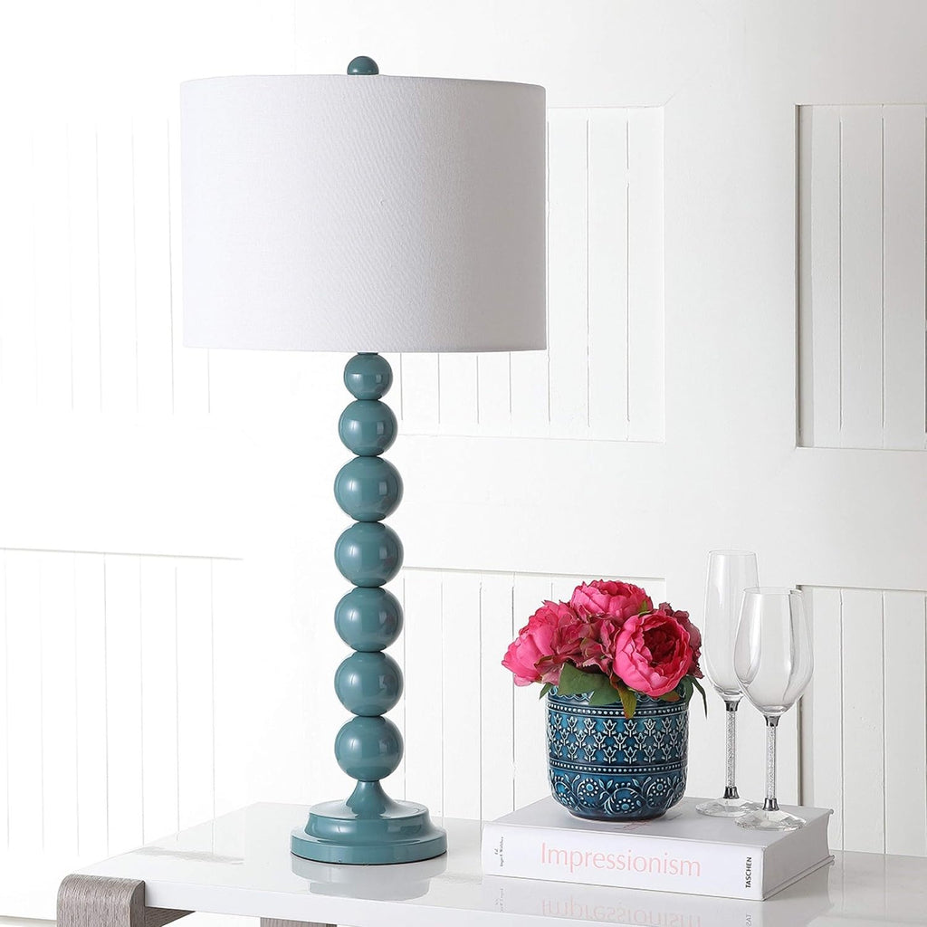 SAFAVIEH Lighting Collection – Jenna Set of 2 Marine Blue Stacked Ball Table Lamps with White Drum Shades, 32-Inch Modern Bedroom or Living Room Lamps, LED Bulbs Included (LIT4090C-SET2)