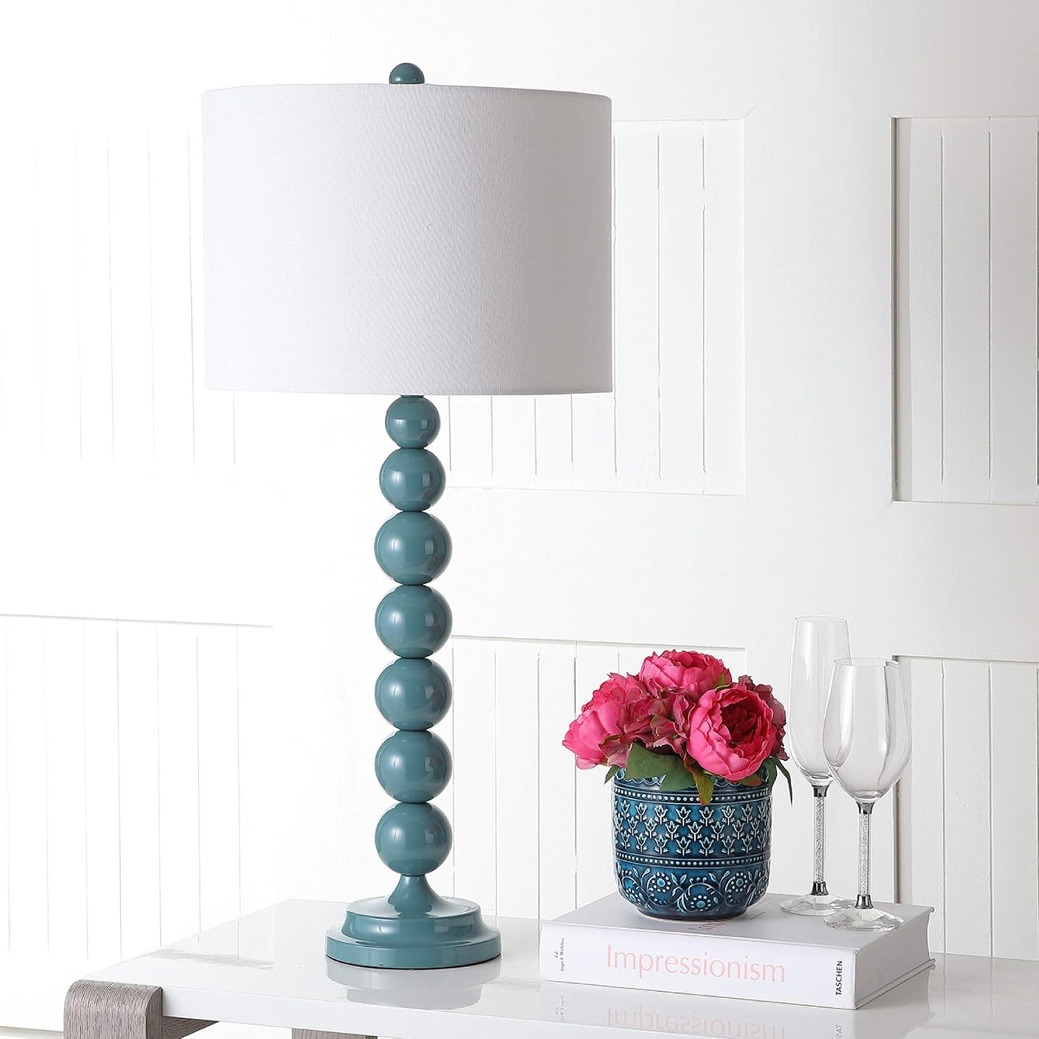 SAFAVIEH Lighting Collection – Jenna Set of 2 Marine Blue Stacked Ball Table Lamps with White Drum Shades, 32-Inch Modern Bedroom or Living Room Lamps, LED Bulbs Included (LIT4090C-SET2)