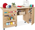 Best Choice Products Large Folding Sewing Table, Multipurpose Portable Craft Station & Side Desk w/Compact Design, Caster Wheels, Storage Shelves, 2 Storage Trays, Magnetic Doors - Light Brown