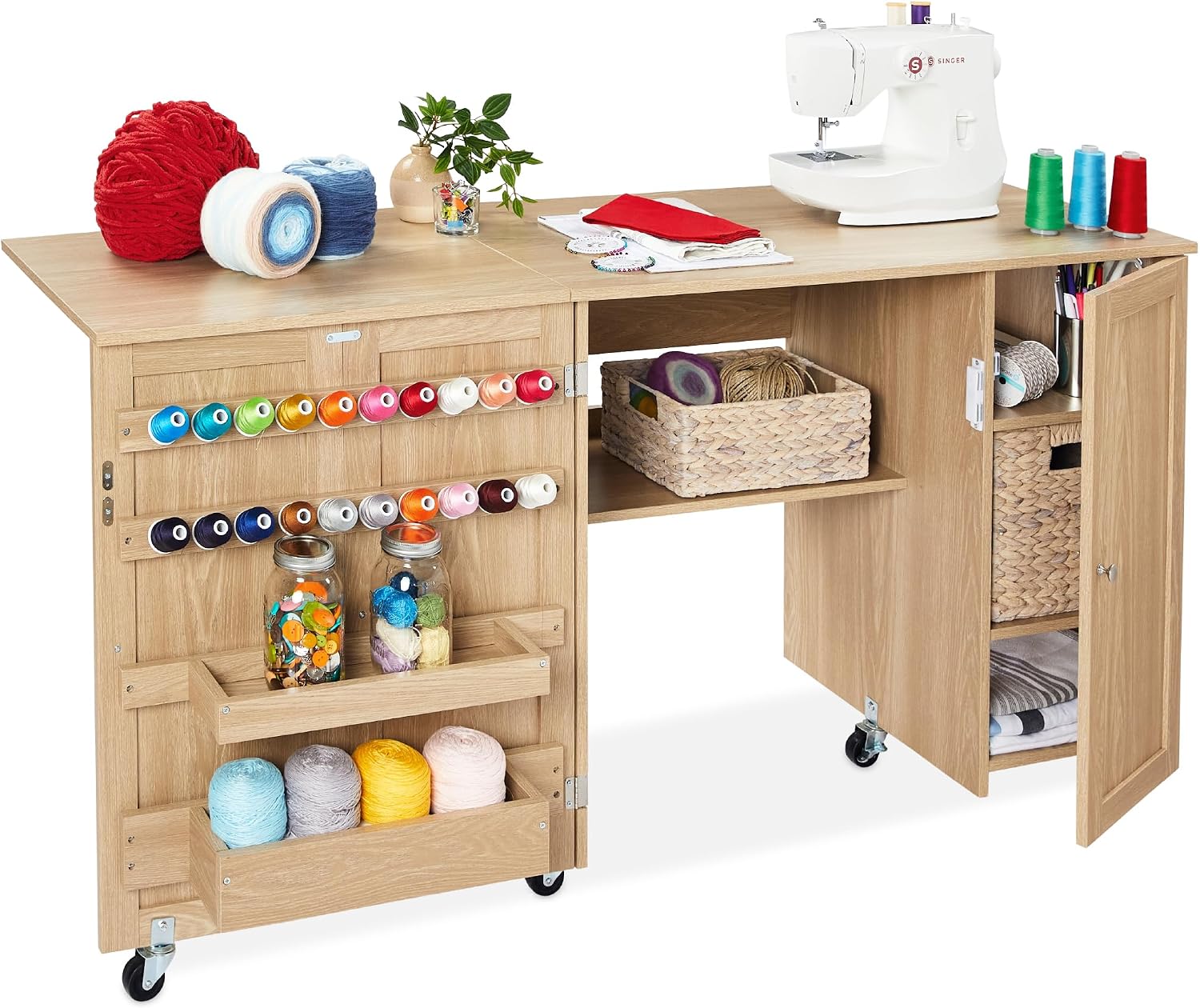 Best Choice Products Large Folding Sewing Table, Multipurpose Portable Craft Station & Side Desk w/Compact Design, Caster Wheels, Storage Shelves, 2 Storage Trays, Magnetic Doors - Light Brown