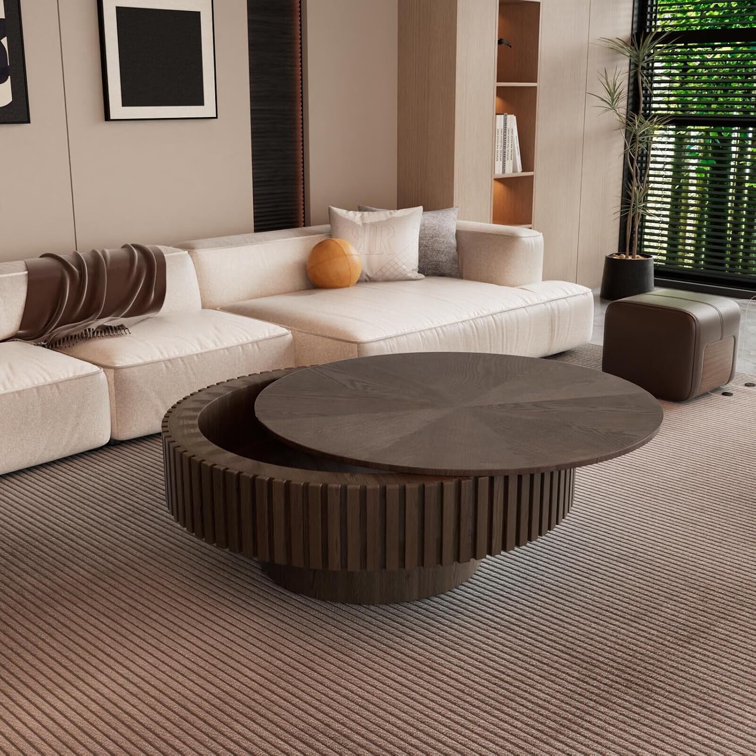 31.5'' Round Drum Coffee Table Circle Fluted Coffee Tables with Storage Modern Handcrafted Fluted Centry Table for Living Room Apartment Small Space