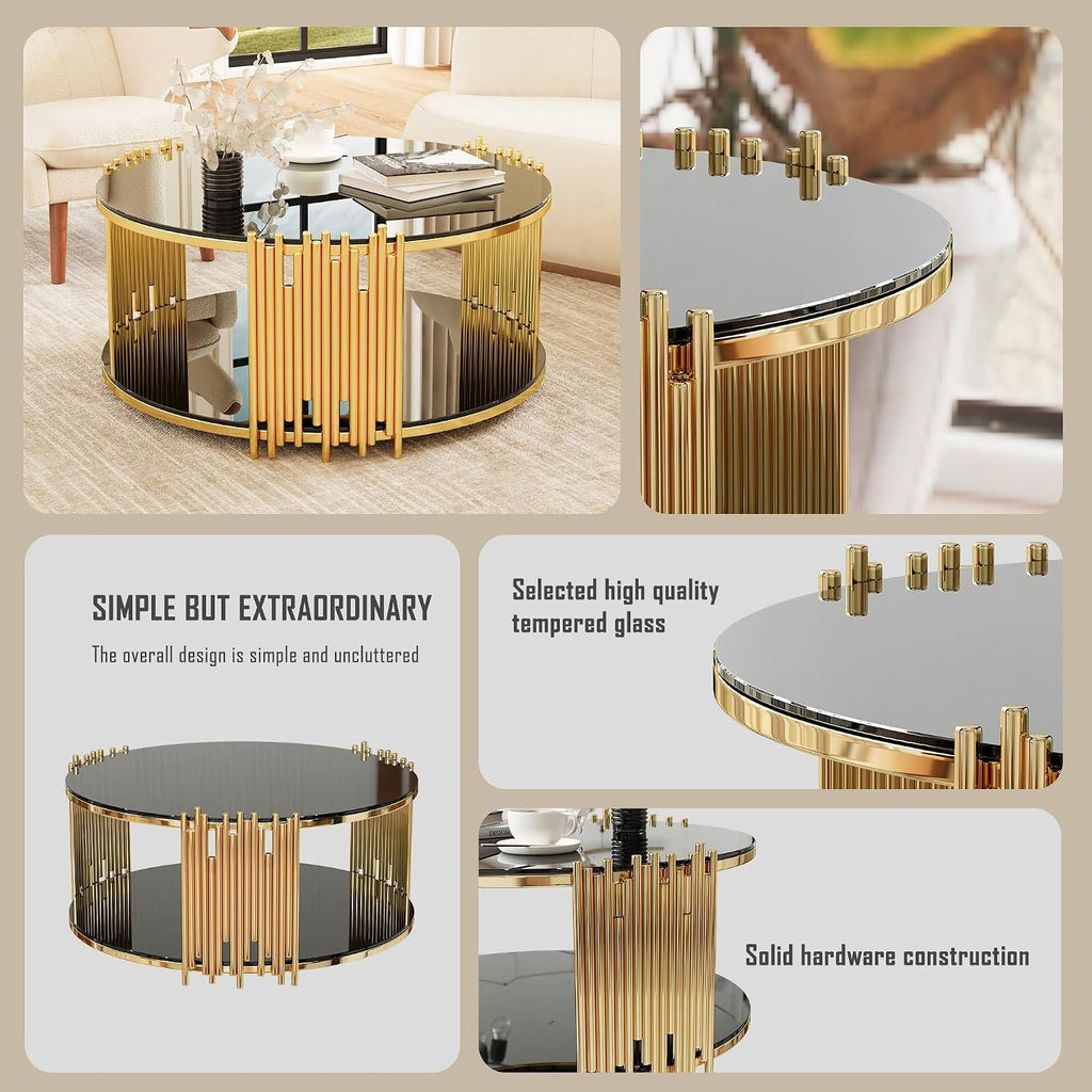 Luxury Round Glass Coffee Table 36', Modern 2-Tier Center Table with Gold Stainless Steel Irregular Legs, Cocktail Table for Living Room, Black and Gold