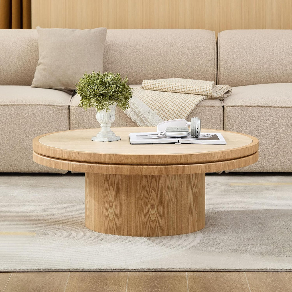 JUSTONE 35.43''Round Fluted Coffee Table,Farmhouse Wood Coffee Table for Living Room Apartment,Easy Assembly,Oak(ø35.43'' x 13.78'')