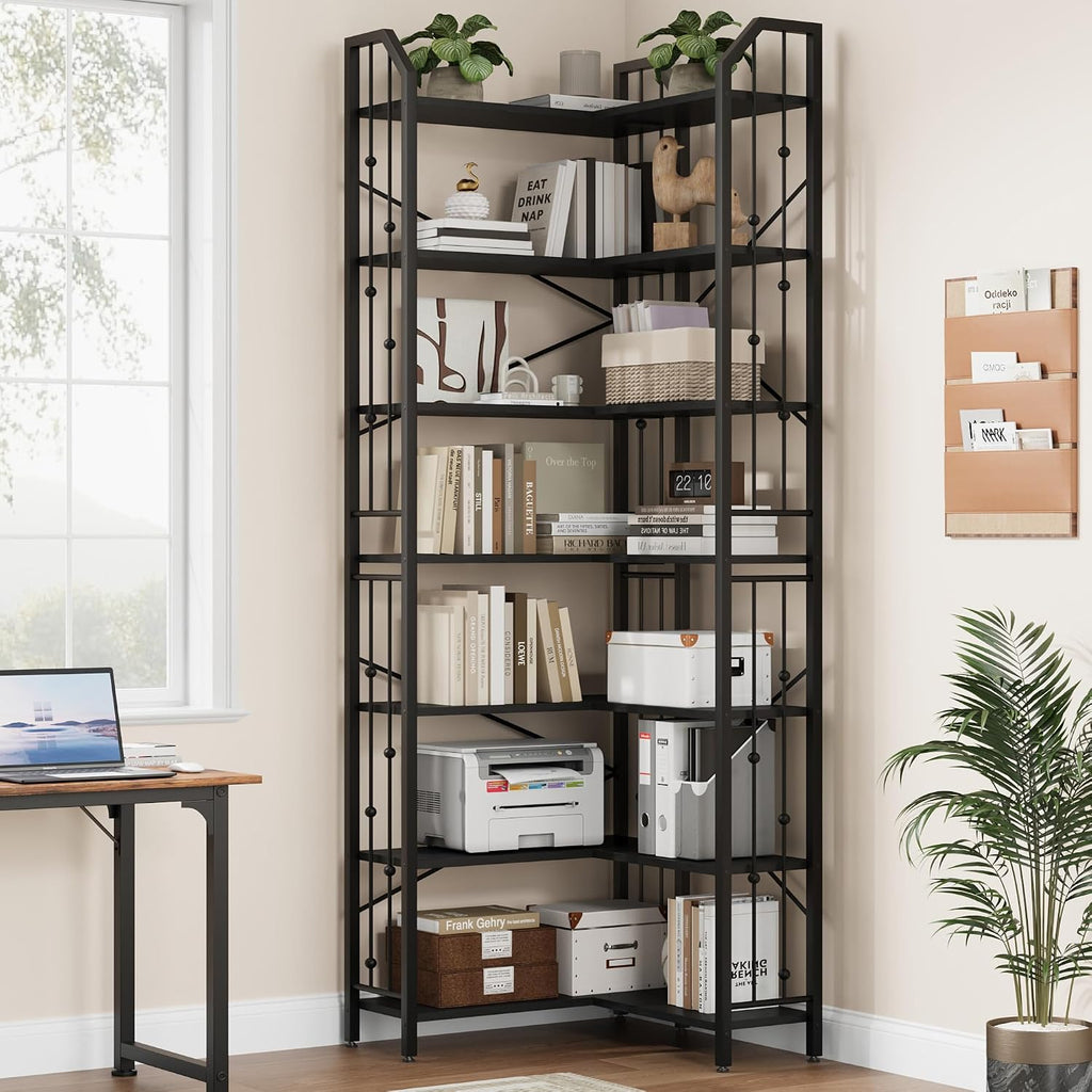 Takywep 86' Corner Bookshelf, l-Shaped 7 Tier Bookcase, Tall Corner Bookcase with Beaded Design, Large Display Shelf for Living Room Bedroom Black