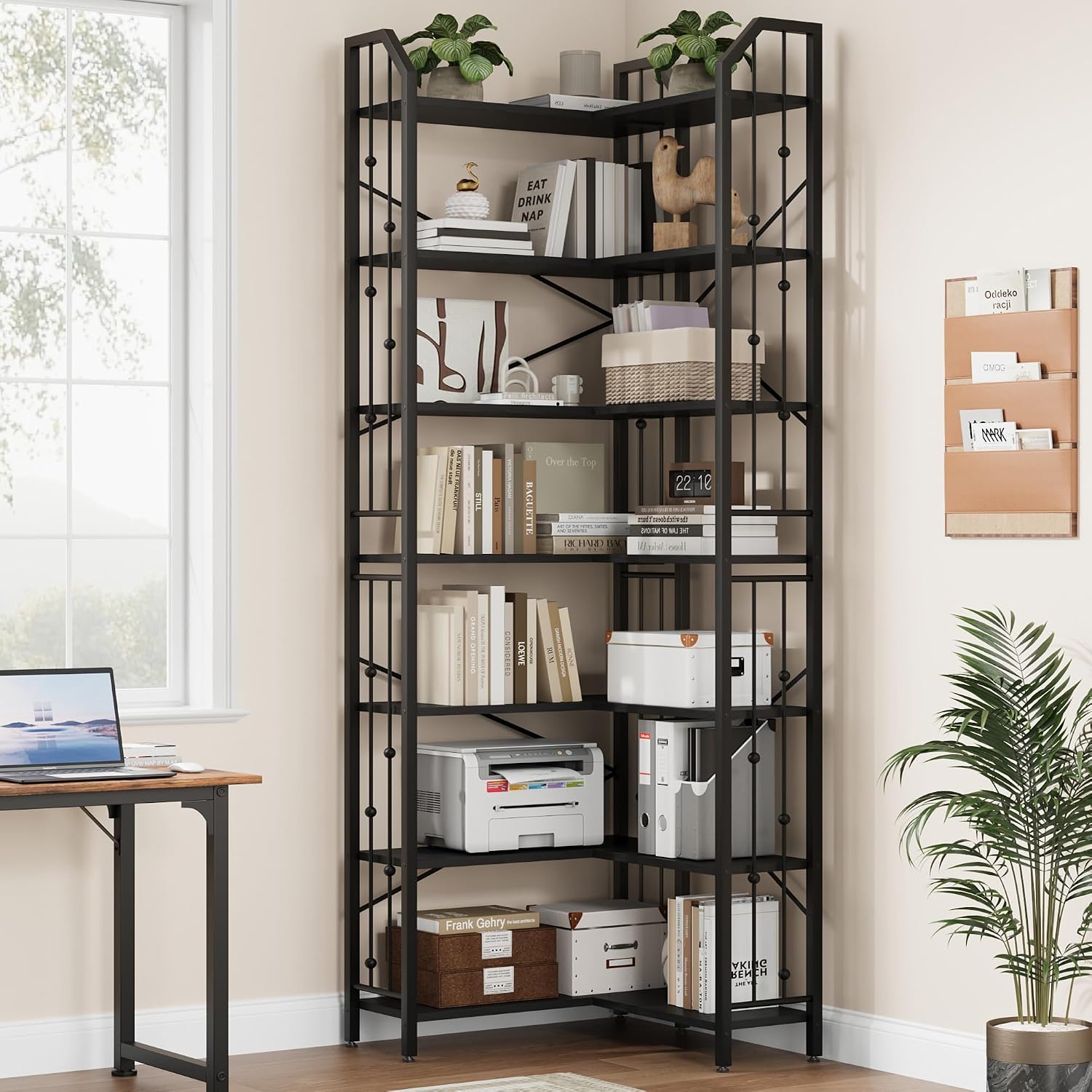 GarveeHome Corner Bookshelf 86' l Shaped Bookcase, Corner Bookshelves Black Bookcase 7 Tier l-Shape Bookshelf, Large Bookcases with Beaded Design Tall Display Rack Shelf for Living Room Bedroom