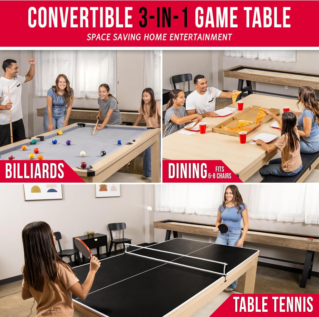 GoSports 3 in 1 Pool, Dining, & Table Tennis Combo Table and Storage Benches - 7 ft or 8 ft - Convertible Billiards and Table Tennis with Accessories