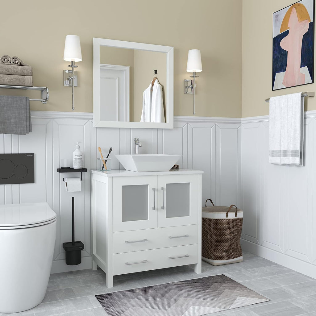 Vanity Art 30 Inch Vessel Single Sink Bathroom Vanity Cabinet with 1 Mirror, Engineered Marble Top Bathroom Cabinet Compact Set with 2 Dovetail Drawers and Soft Closing Doors, VA3130-W