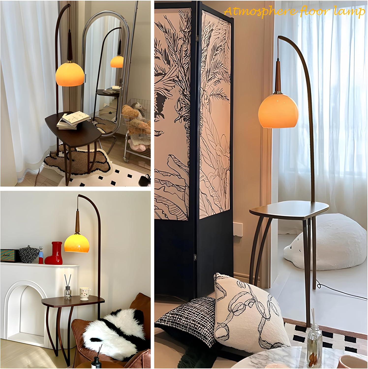 Bofea-Retro Floor Lamp for Living Room,Mid Century Tall Lamps with Tea Table,Fishing Standing Lamp with Mushroom Glass Lampshade,Table Tall Pole Talling Light for Bedroom,Office,Apartment.(A Model)