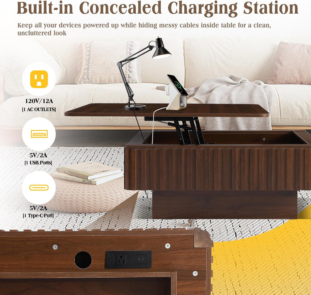 MAGIC UNION 35.4' Square Fluted Lift Top Coffee Table with Storage, Large Mid Century Modern Coffee Table with LED Lights & Charging Station, Center Table for Living Room, Home Office, Walnut