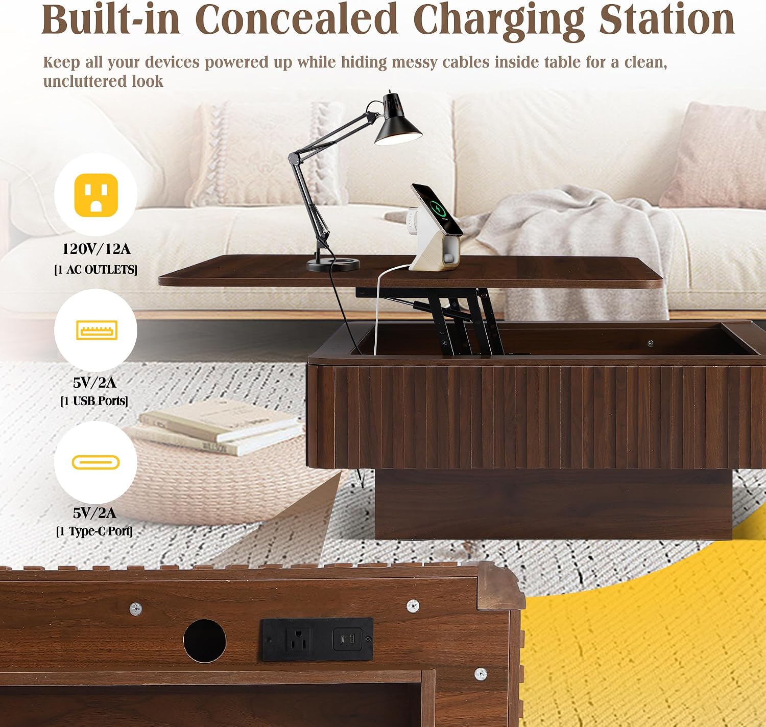 MAGIC UNION 35.4' Square Fluted Lift Top Coffee Table with Storage, Large Mid Century Modern Coffee Table with LED Lights & Charging Station, Center Table for Living Room, Home Office, Walnut