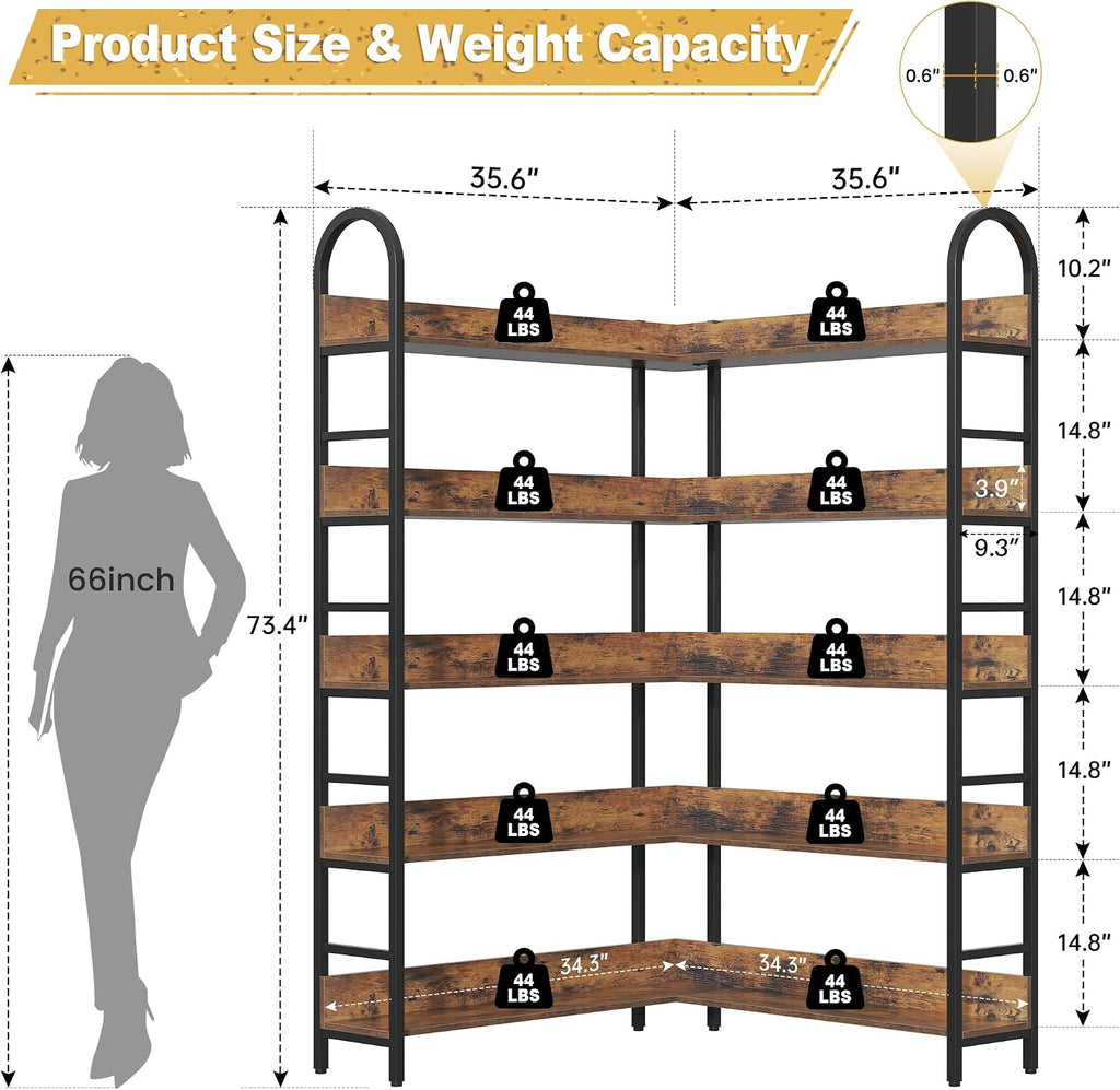 5 Tiers Tall Corner Bookshelf, Large Heavy Duty Industrial Corner Bookcase with Metal Frame, L Shaped Bookshelves and Bookcases Etagere Bookcase Display Storage Shelves for Living Room, Brown