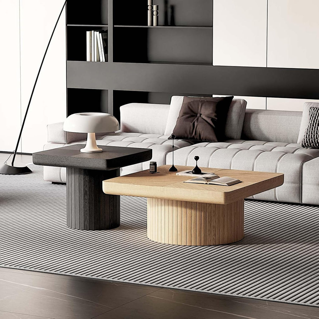Modern Square Nesting Coffee Table Set, 2-Piece Coffee Tables with Cylindrical & Fluted Pedestal, Minimalist Center Table & Side Table for Wabi-Sabi Decor for Living Room Apartment, Natural+Black