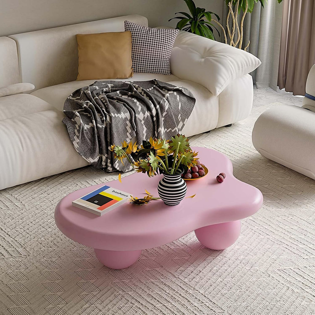 40' Modern Small Coffee Table Cloud Shape Low Center Table Cute Irregular Indoor Tea Table with 3 Ball Legs for Living Room Small Space