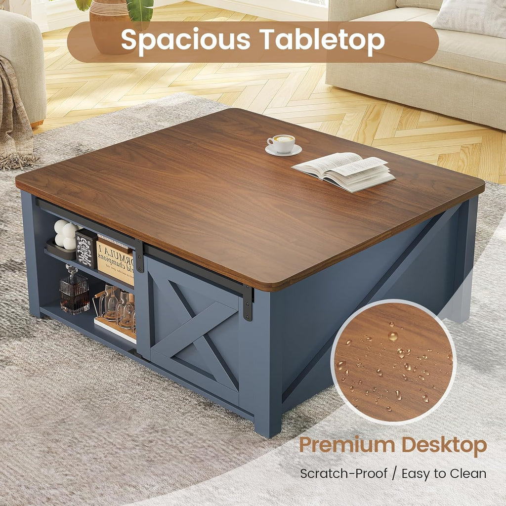 SEDETA 31.5' Lift Top Coffee Table with Storage, Square Coffee Tables for Living Room, Farmhouse Coffee Table with Large Hidden Storage Compartment and Adjustable Shelves, Blue