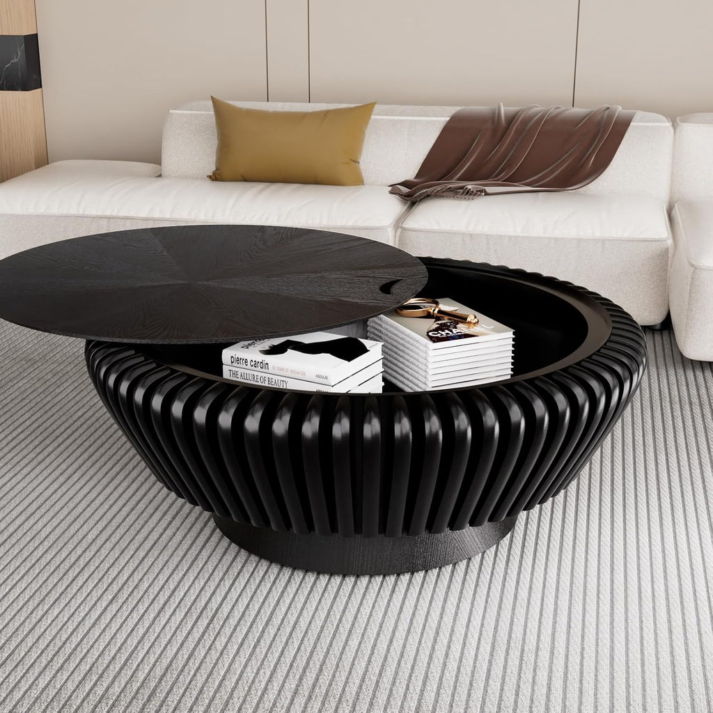 Round Coffee Table with Storage, 35.4' Modern Wooden Drum Coffee Table with Cover, Fluted Circle Center Table, Solid Wood Veneered, Accent Tea Table for Living Room Apartment Small Space (35.4' Black)