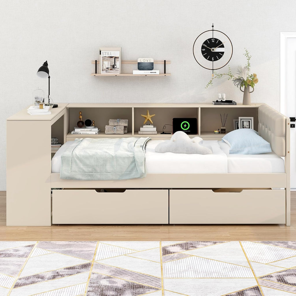 Bellemave Twin Size Corner Bed Frame with Storage Drawers and Desk,Captain Daybed with L-Shaped Bookcase,Corner Bed Frame Twin Size with Charging Station for Kids,Teens,Guests,Cream