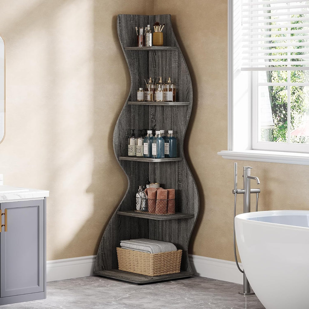 Tribesigns Wavy Corner Shelf Set of 2, Modern 5-Tier Bookshelf Etagere Bookcase with Curvy Shape, Unique Plant Stand Display Shelf for Living Room Small Space (Gray)