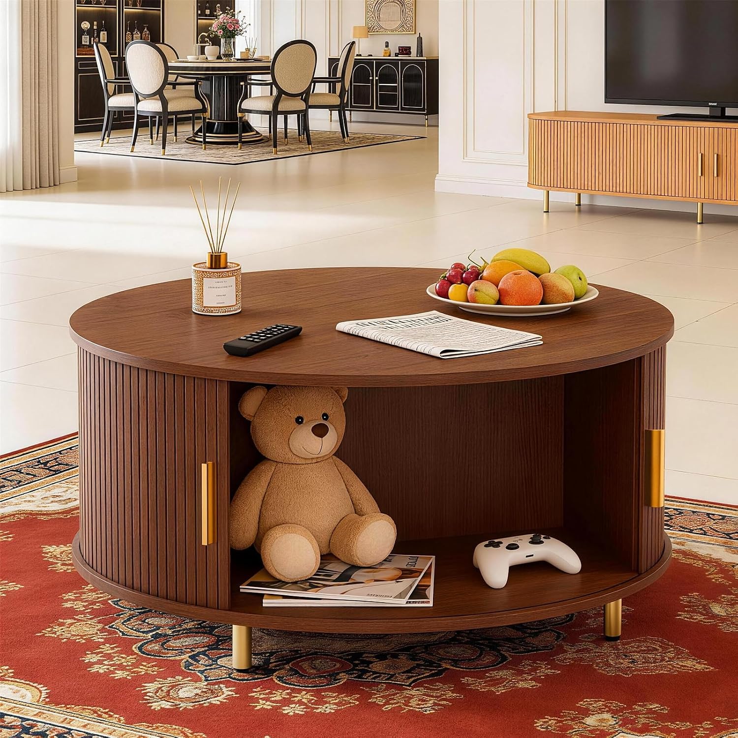 DHH Round Coffee Table, 31.5' Mid Century Modern Coffee Table with 360° Sliding Tambour Door, Fluted Accent Coffee Table with Storage Adjustable Footpads for Living Room (Walnut)