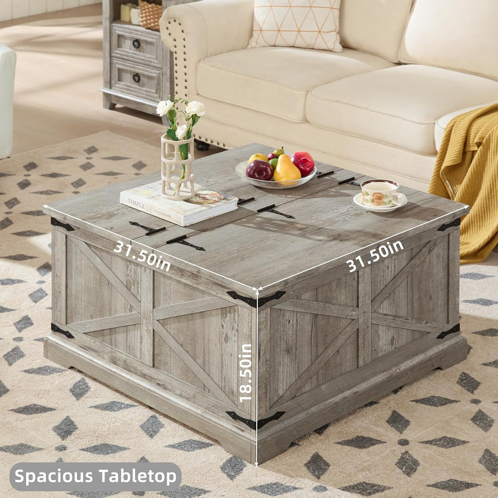 Joaxswe Farmhouse Coffee Table with Large Hidden Storage Compartment, Light Oak Square Center Table, Wood Rustic Low Modern Living Room Tables with Hinged Lift Brown Top & Wooden Arc Base