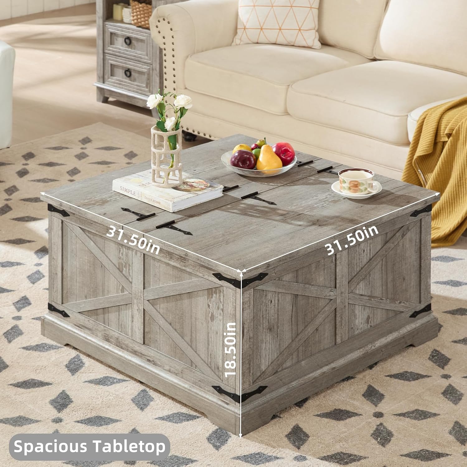 Joaxswe Farmhouse Coffee Table with Large Hidden Storage Compartment, Light Oak Square Center Table, Wood Rustic Low Modern Living Room Tables with Hinged Lift Brown Top & Wooden Arc Base