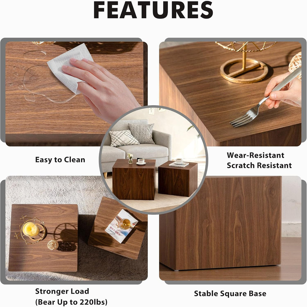 Square Nesting Tables for Living Room, Set of 2, Wood Nesting Coffee Table Walnut Veneer Mid Century Modern Small Accent Center End and Side Table Sets for Farmhouse Apartment Office