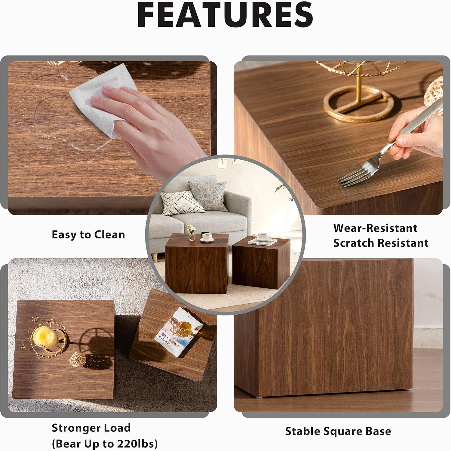 Square Nesting Tables for Living Room, Set of 2, Wood Nesting Coffee Table Walnut Veneer Mid Century Modern Small Accent Center End and Side Table Sets for Farmhouse Apartment Office
