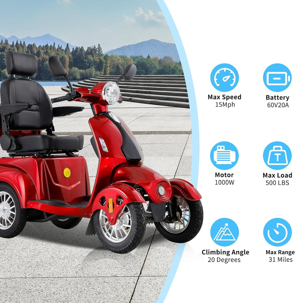 Mobility Scooters for Seniors,Heavy-Duty 4 Wheel Mobility Scooters for Travel,500LBS Capacity 1000W All Terrain Handicap Scooters for Adults (Red1-afd)