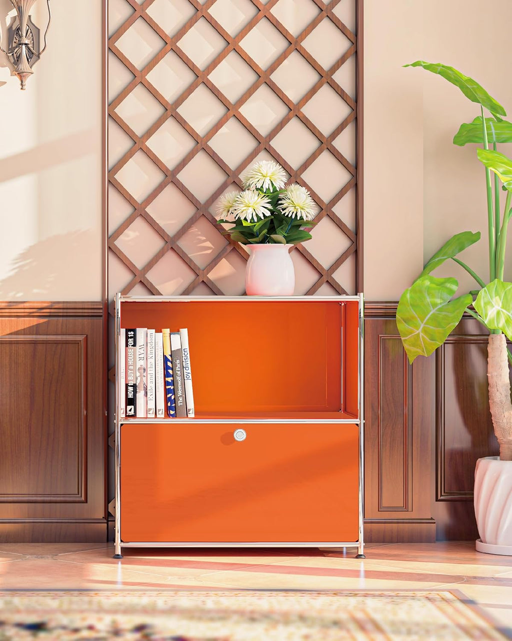 32.5-Inch Flip-Top Storage Cabinet with Detachable Wheels, Metal Side Table and Small Sideboard Cabinet for Living Room, Bedroom, Office, Orange