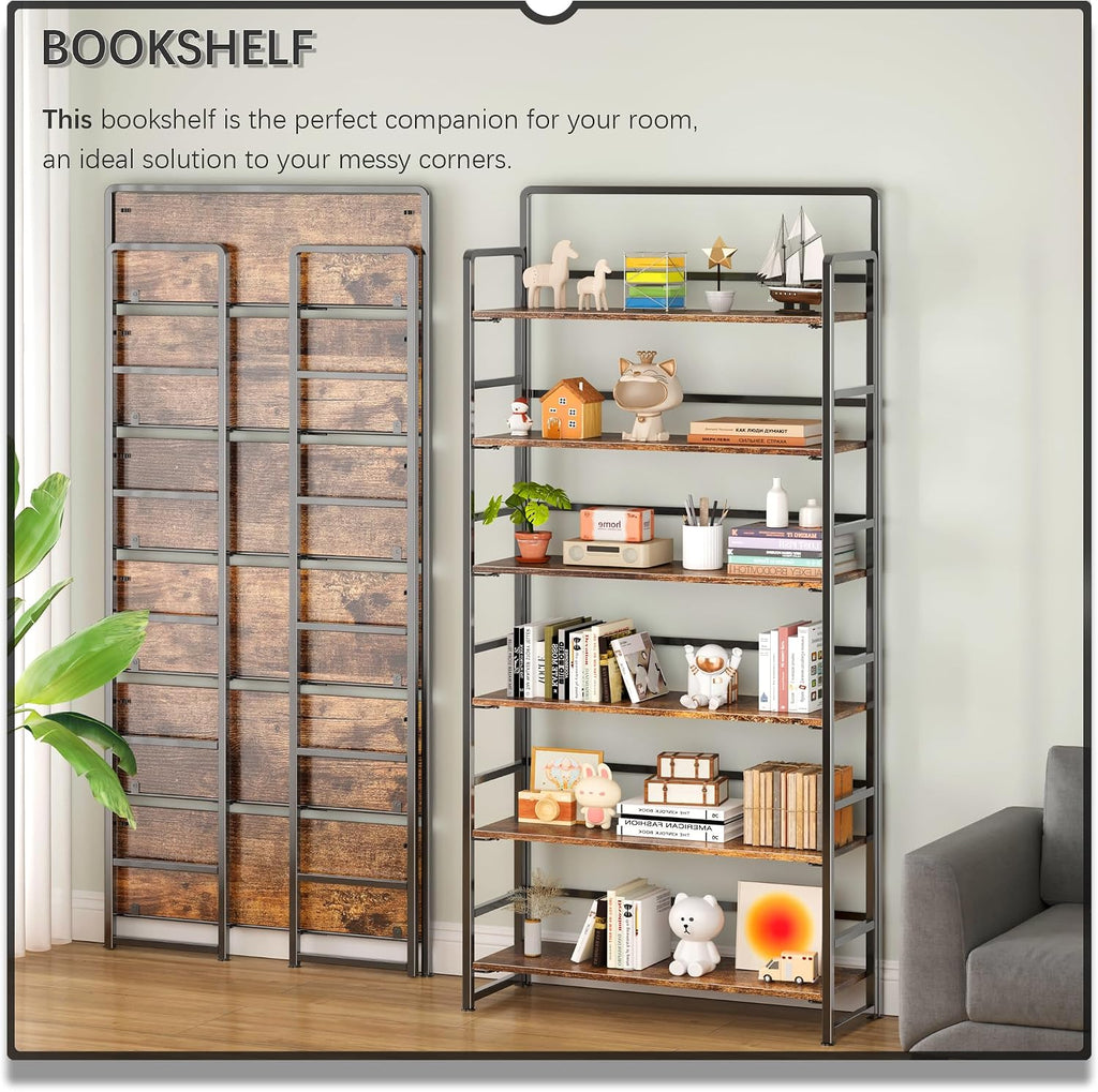 4NM No Assembly Extra Wide 6 Tiers Folding Bookshelf Storage Shelves Vintage Bookcase Standing Racks Study Organizer Home Office (Rustic Brown Black)
