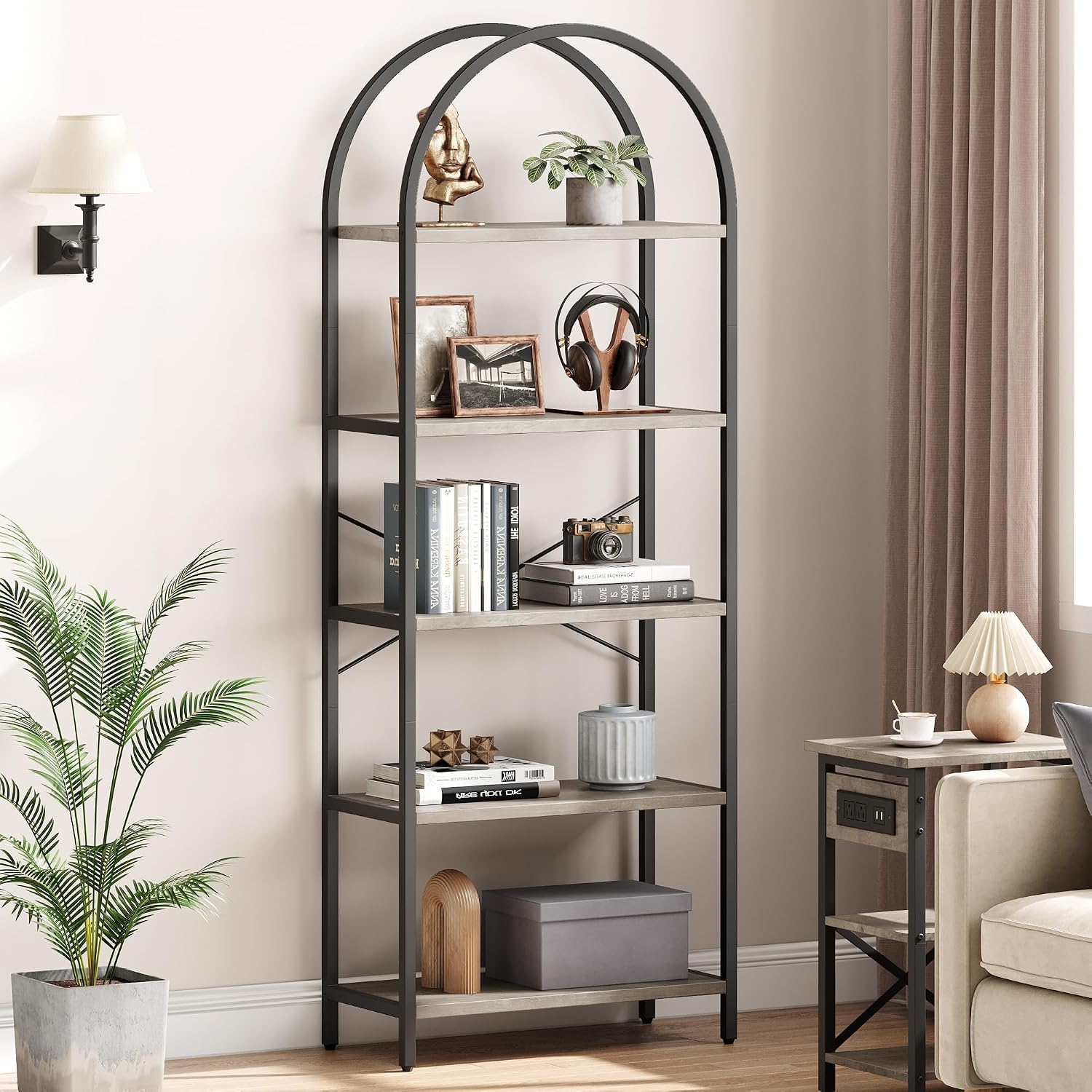 Takywep Bookshelf, Arched Bookcase with Metal Frame 5 Tiers Bookshelf Industrial Arched Cabinet Display Shelf Floorstanding Storage Shelving Unit for Bedroom, Living Room and Home Office, Gray