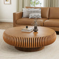 39.3' Drum Coffee Table Modern Unique Fluted Tea Table Contemporary Wood Round Coffee Table with Fluted Centry Table for Living Room Walnut (39.3' Brown)