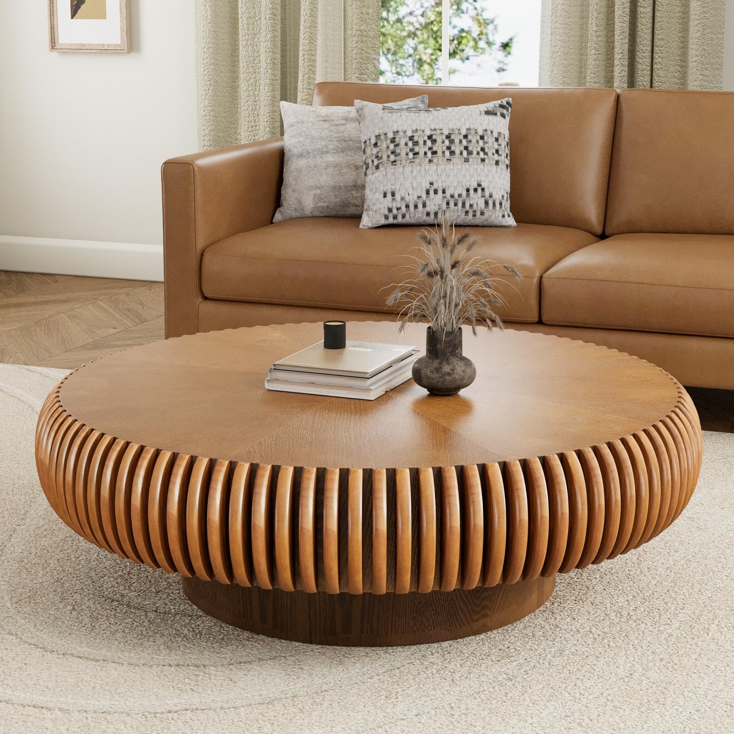 39.3' Drum Coffee Table Modern Unique Fluted Tea Table Contemporary Wood Round Coffee Table with Fluted Centry Table for Living Room Walnut (39.3' Brown)