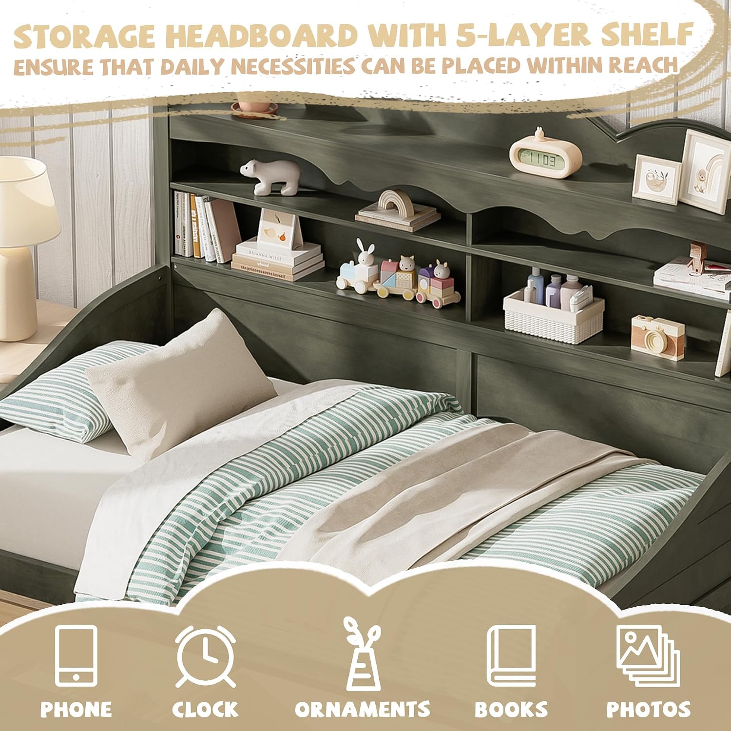 Harper & Bright Designs Corner Bed Frame Twin with Bookcase Headboard and Storage Drawers,Wood Day Bed Frame for Kids Teens,Antique Grey