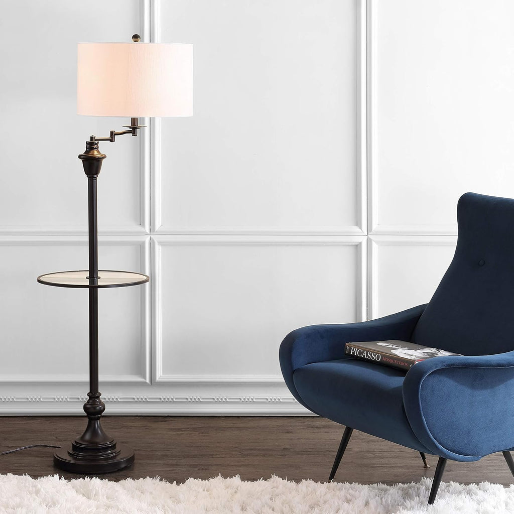 JONATHAN Y 60' Oil Rubbed Bronze Floor Lamp with Integrated Glass Side Table, Modern Swing Arm Standing Lamp for Living Room, White Linen Shade, LED Bulb Included (JYL3055C)