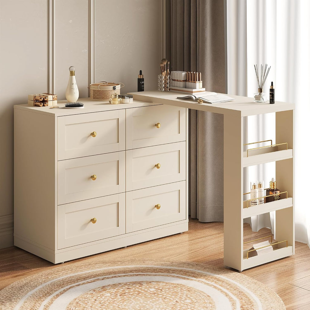 RoyalCraft Extendable Vanity Desk and Dresser Combo, 67' Makeup Vanity Table with Drawers and 3 Side Shelves, Wood Dressing Table for Bedroom, Dressing Room, Beige