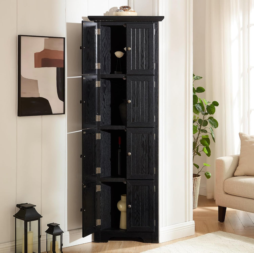 Tall Corner Bookcase Storage Cabinet with Doors and 4 Shelves, Freestanding Triangle Cabinet for Living Room, Kitchen, Office, Small Space, Floor Corner Storage Rack (Black2)