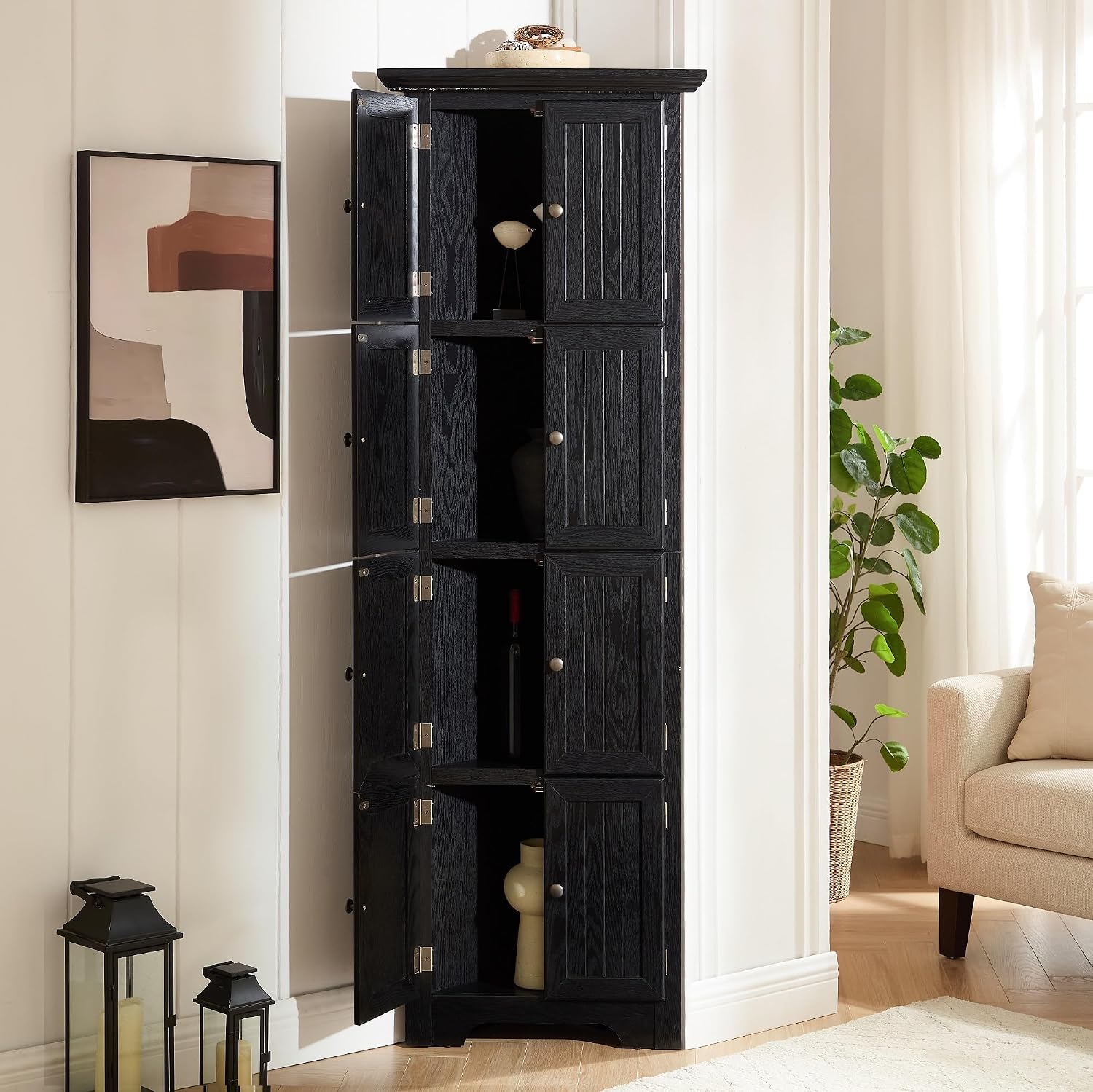 Tall Corner Bookcase Storage Cabinet with Doors and 4 Shelves, Freestanding Triangle Cabinet for Living Room, Kitchen, Office, Small Space, Floor Corner Storage Rack (Black2)