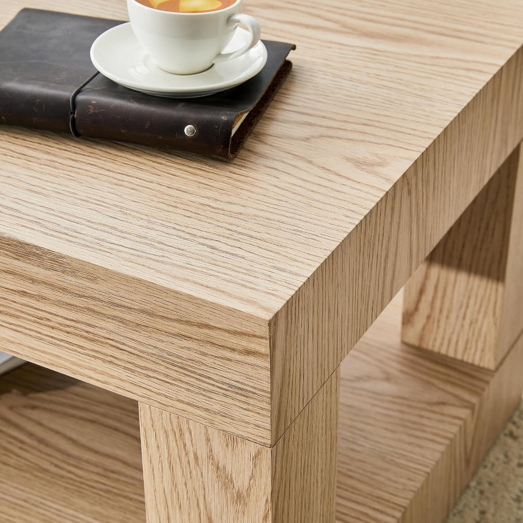 39.4' Coffee Table with Storage, 2-Tier Wood Coffee Table with 4' Thick Tabletop, Mid Century Modern Cocktail Center Tea Tables with Bottom Shelf for Living Room, Office, Apartment,Light Wood