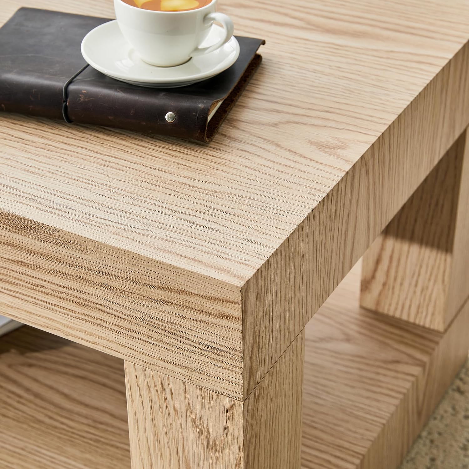 39.4' Coffee Table with Storage, 2-Tier Wood Coffee Table with 4' Thick Tabletop, Mid Century Modern Cocktail Center Tea Tables with Bottom Shelf for Living Room, Office, Apartment,Light Wood