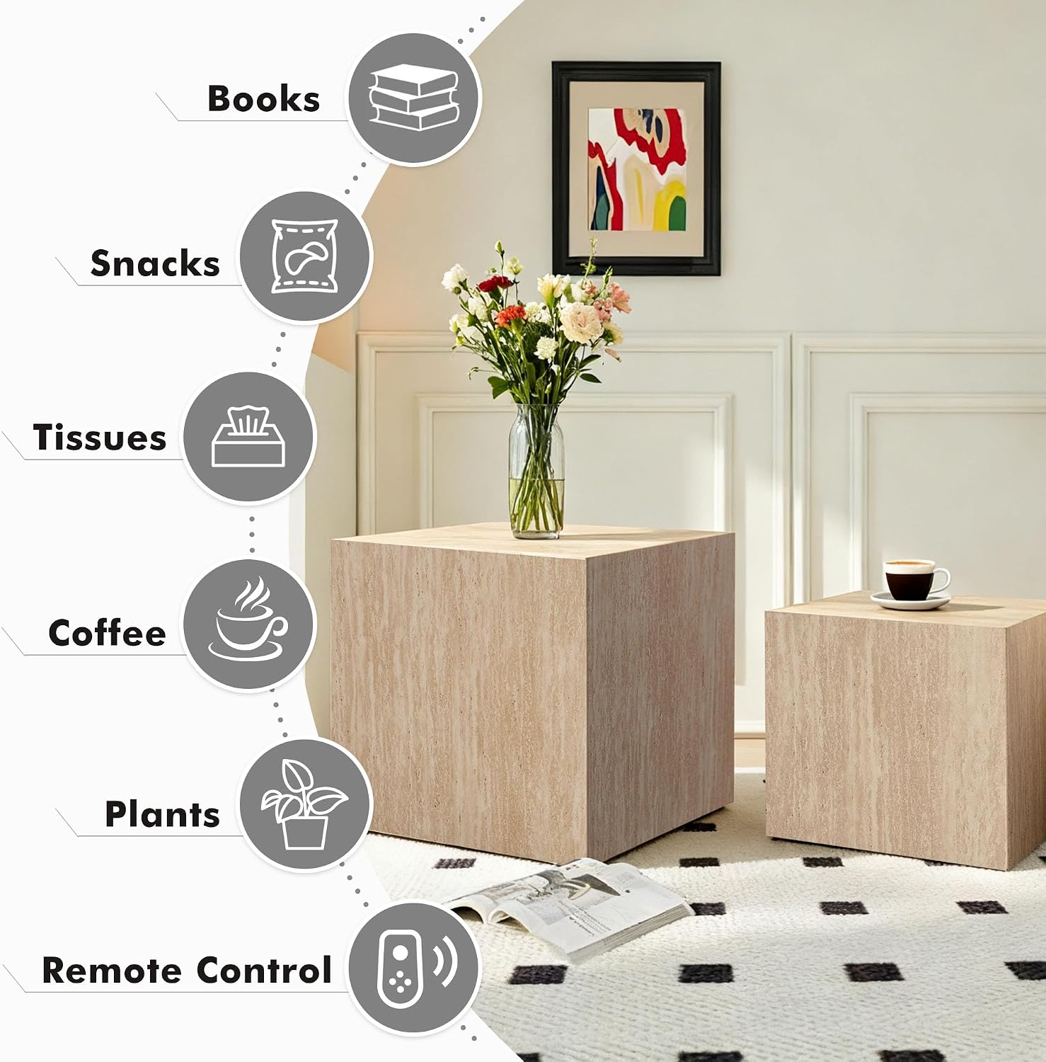 Square Nesting Tables for Living Room, Set of 2, Wood Travertine Veneer Nesting Coffee Table Mid Century Modern Small Accent Center End and Side Table Sets for Farmhouse Apartment Office