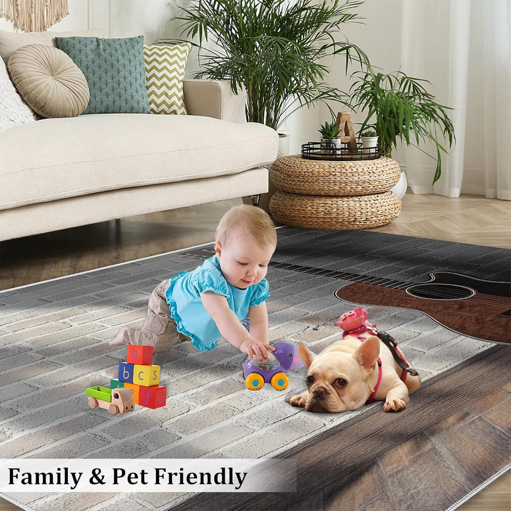 Wooden Guitar Rugs for Bedroom - 5x7 Rug, Brick Wall Area Rugs for Living Room, Vintage Washable Carpet, Music Rug, Boys Room Carpet - Guitar Home Decor & Gift