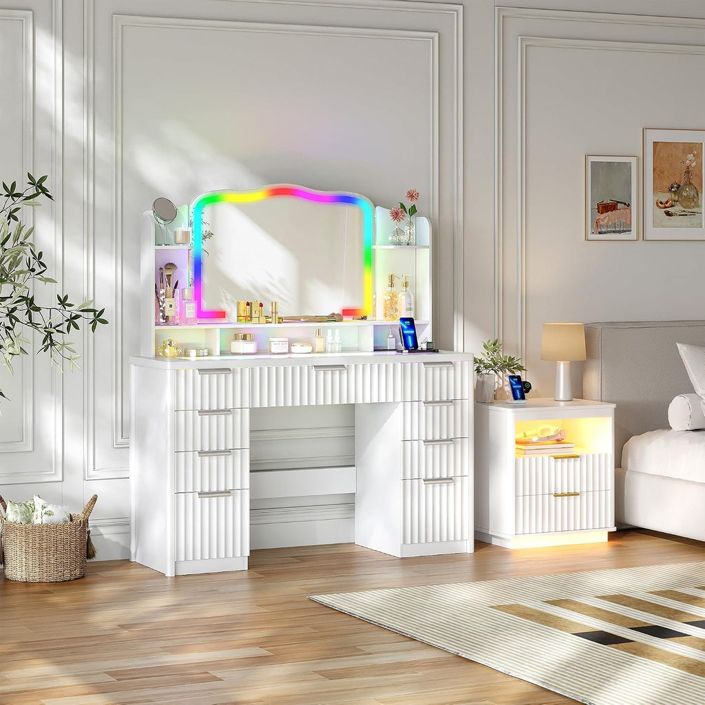 Fluted Makeup Vanity with Large Storage & RGB Lighting, Vanity Desk with 9 Drawers, Jewelry Organizer, Open Shelves & Charger Station, Dressing Table Gift for Women/Girls/Lady, White