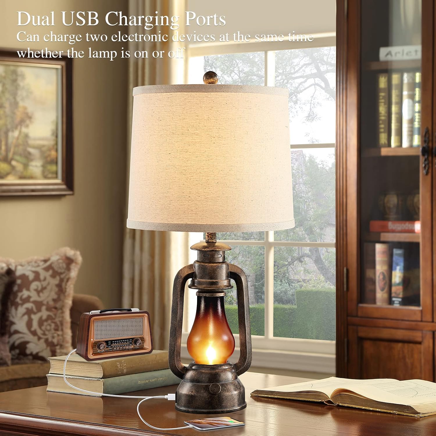 Farmhouse Rustic Table Lamps for Bedroom Set of 2, Vintage Lantern Lamp with Dual USB Charging Ports,25' Retro Antique Bedside Nightstand Desk Lamp for Living Room End Table Entryway, 4 Bulb Included