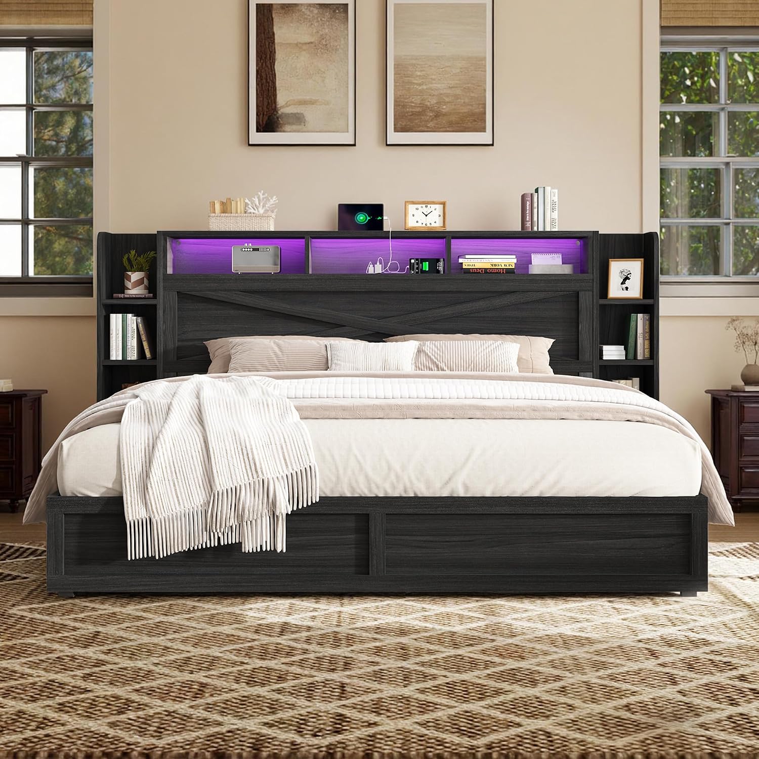 AMERLIFE 45'' Farmhouse Queen Bed Frame with 4 Drawers, LED Bed Frame with Bookcase Headboard & Side Shelves, Wood Platform Bed with Charging Station, Black