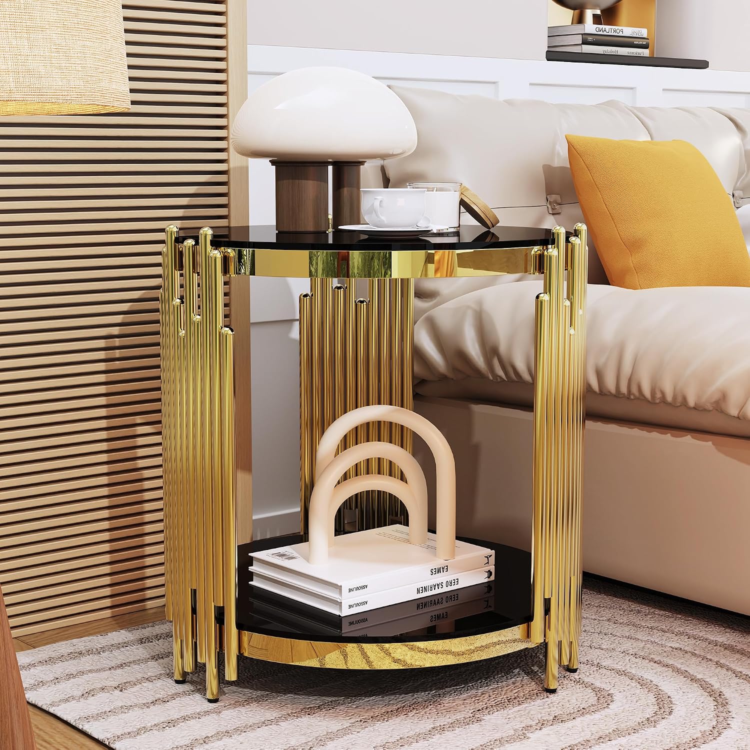 Luxury Gold Round Glass End Table, 19.7' Modern Side Table with Stainless Steel Irregular Leg Black Tempered Glass Tabletop, Accent Furniture for Living Room, Black