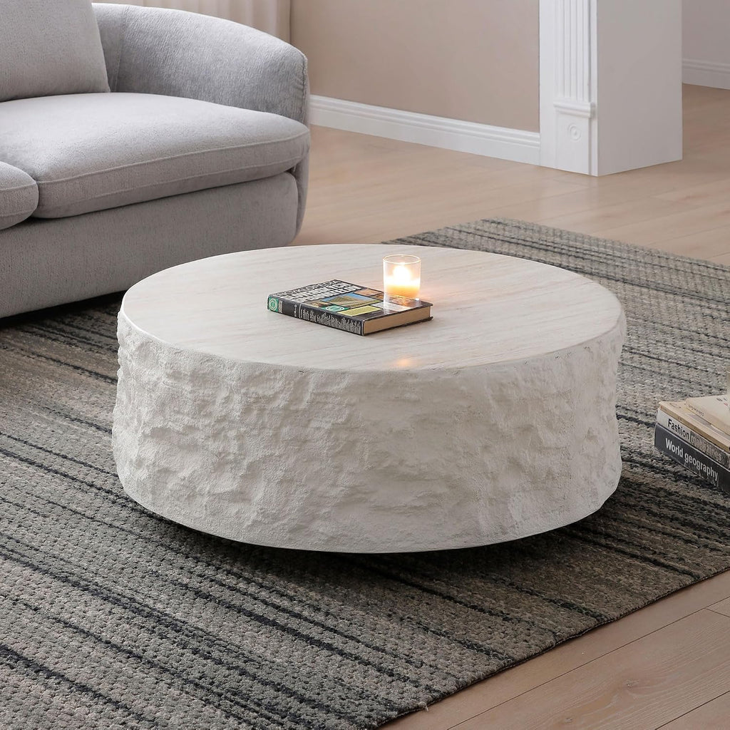 WILLIAMSPACE 35.4' Round Travertine Coffee Table for Living Room,Modern Circle Drum Center Table with Faux Stone Tea Table for Apartment, Fiberglass, No Need Assembly (Beige Cement Stone Pattern)