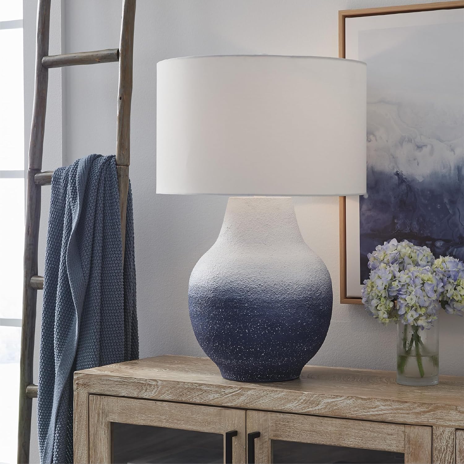 Signature Design by Ashley Dashland Coastal Metal Table Lamp with 3-Way Switch, White & Blue