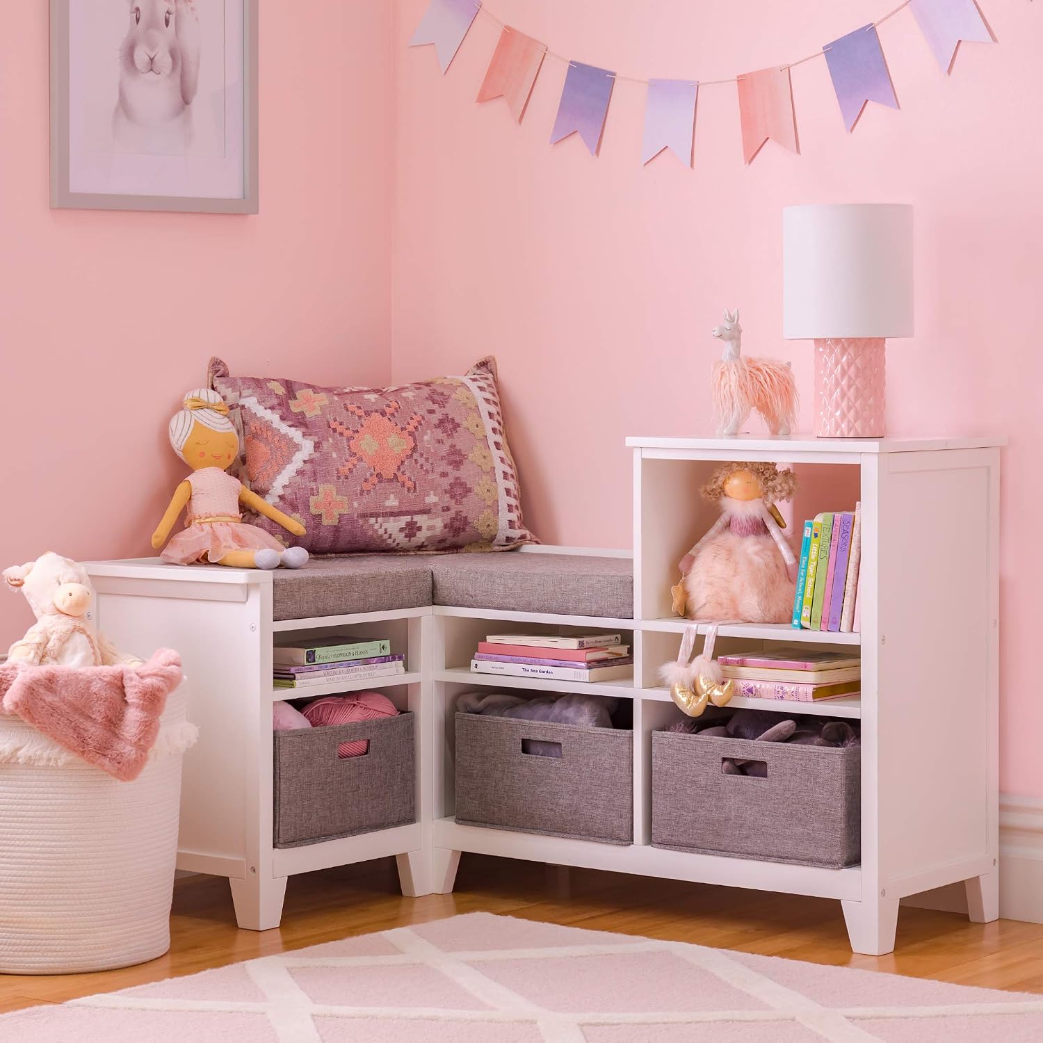 Martha Stewart Kids' Corner Nook - Linen White: Wooden Storage Bench Bookcase Organizer with Seat Cushion and Fabric Bins for Reading in Bedroom or Playroom