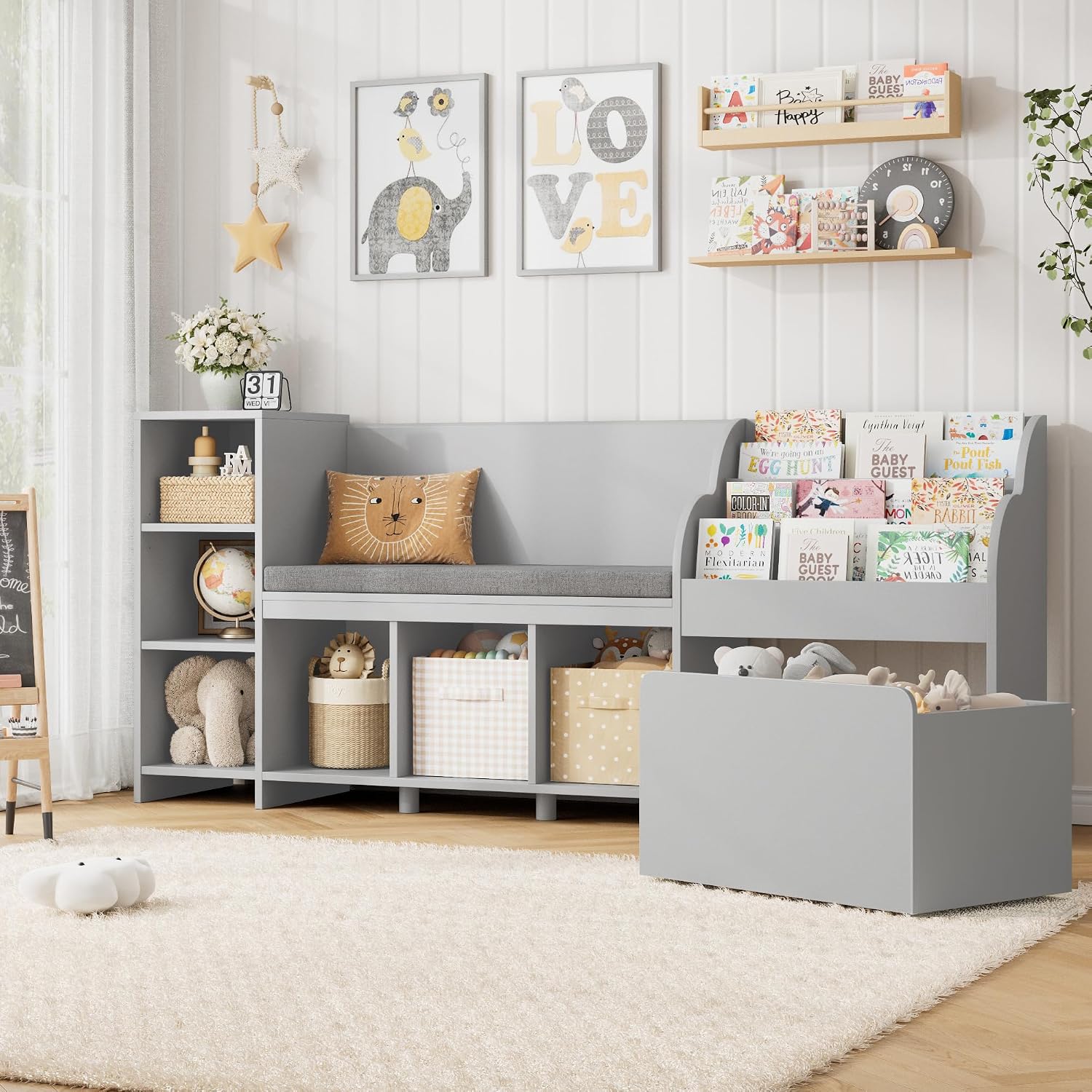 HOSTACK 67' W Kids Reading Nook with Toy Storage Organizer, Large Kids Bookshelf with Toy Storage Box on Wheels, Big Kid Bookcase with Bench and 6 Open Cubbies for Playroom, Kid Room, Grey