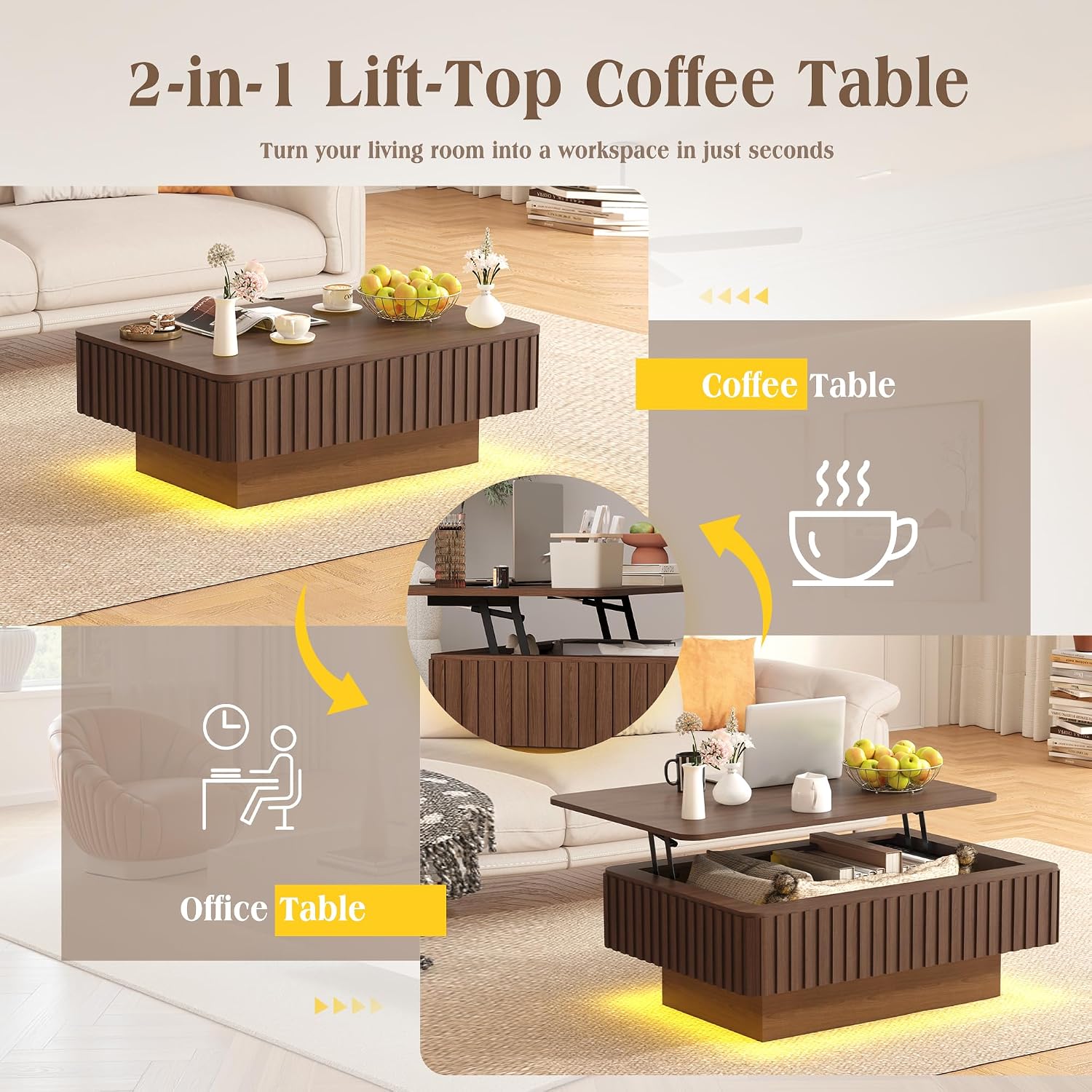 MAGIC UNION 38.6' Fluted Lift Top Coffee Table with Storage, Large Mid Century Modern Coffee Table with LED Lights & Charging Station, Center Table for Living Room, Home Office, Walnut